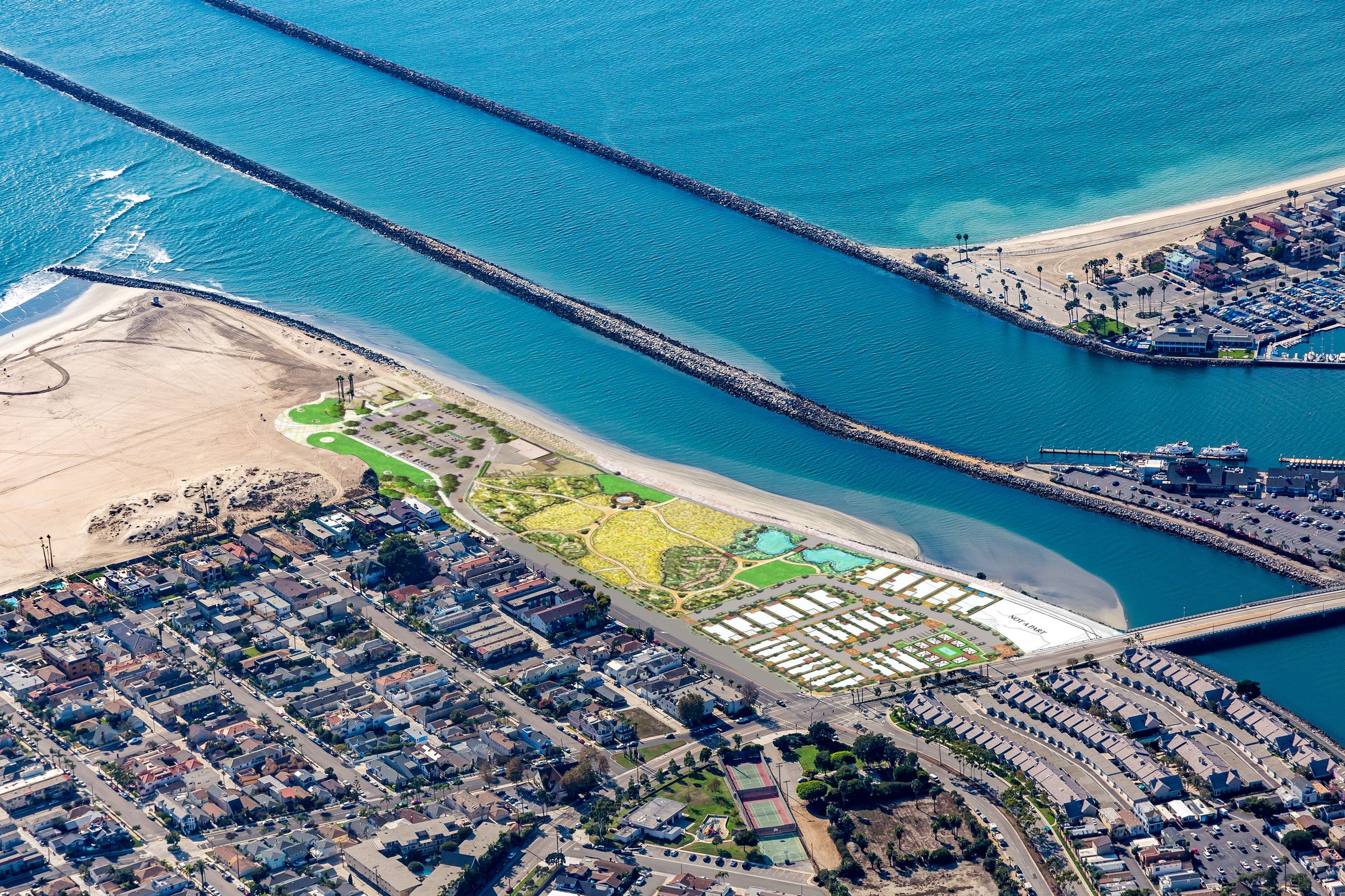 Aerial view of a Southern California coastal community with jetties, beach, and marina entrance.
