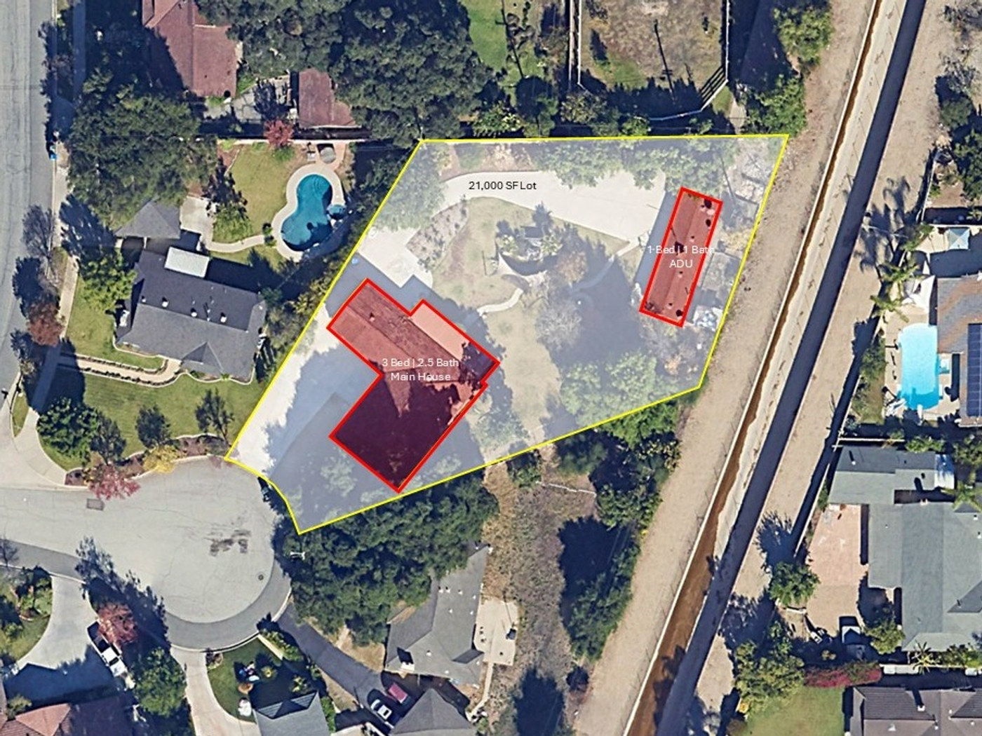 Aerial property analysis with primary residence and ADU site plan.